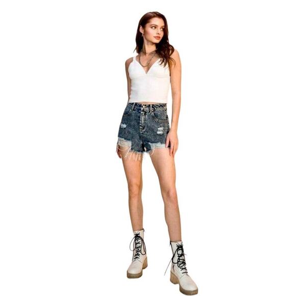 Hyfve Medium Blue Acid Wash Distressed Raw Hem High Waist Jean Shorts M - Picture 1 of 13